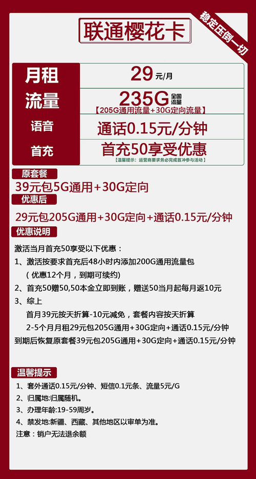 联通樱花卡29元月包205G通用流量+30G定向流量+通话0