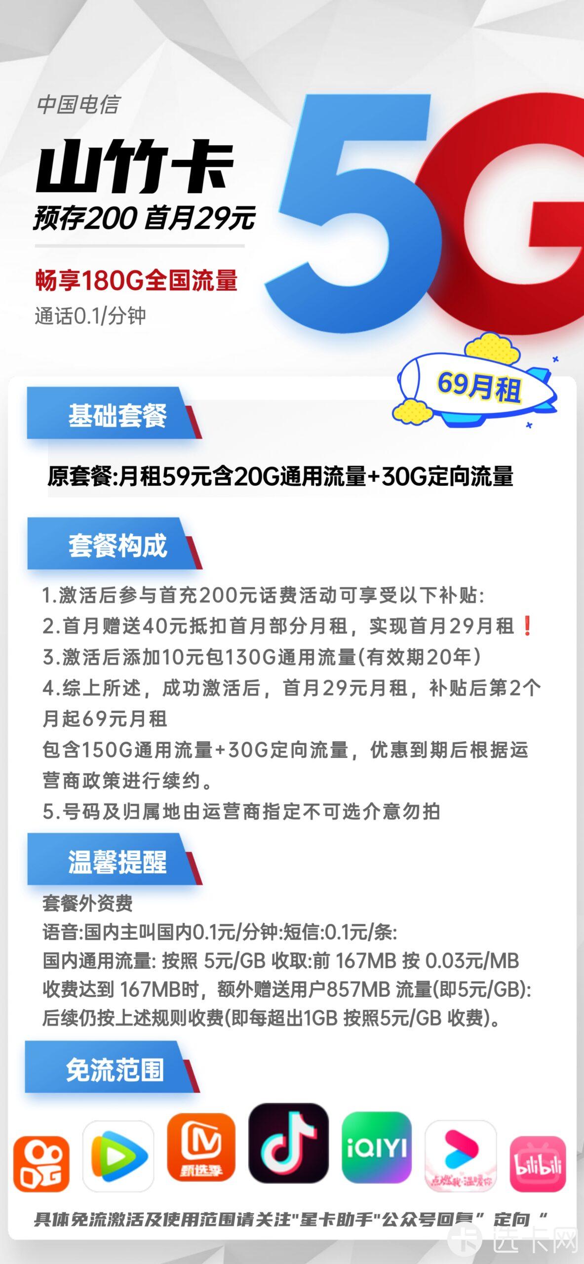 电信山竹卡69元月包150G通用流量+30G定向流量+通话0