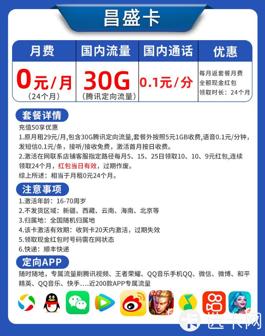 联通昌盛卡0元包30G定向流量+通话0.1元/分钟