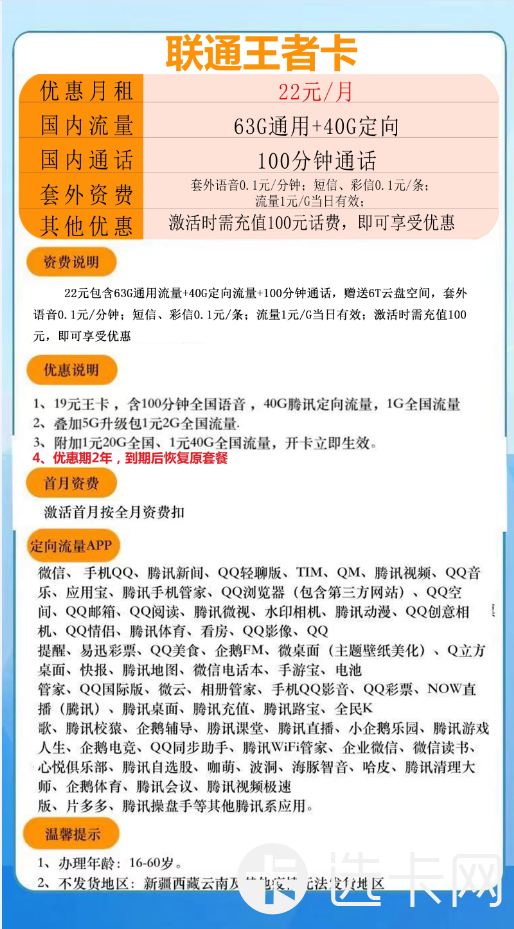 联通王者卡22元月包63G通用流量+40G定向流量+100分