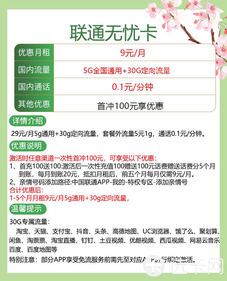 联通无忧卡9元包5G通用流量+30G定向流量+通话0.1元/