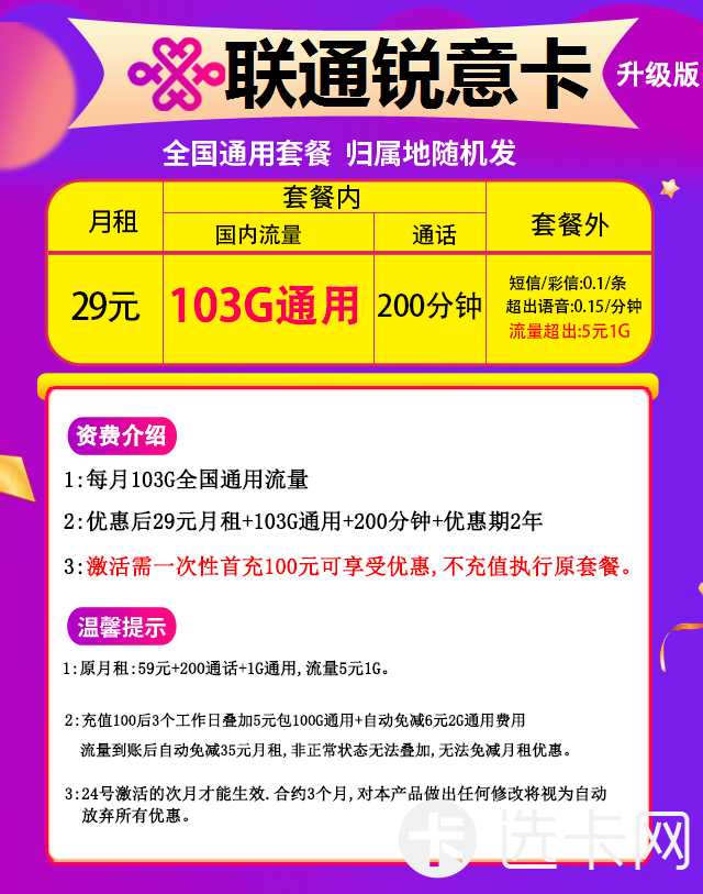 联通锐意卡29元包103G通用流量+200分钟通话