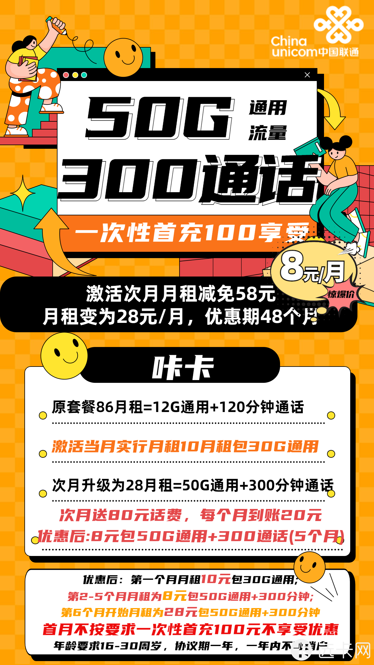 联通咔卡8元月包50G通用流量+300分钟语音通话