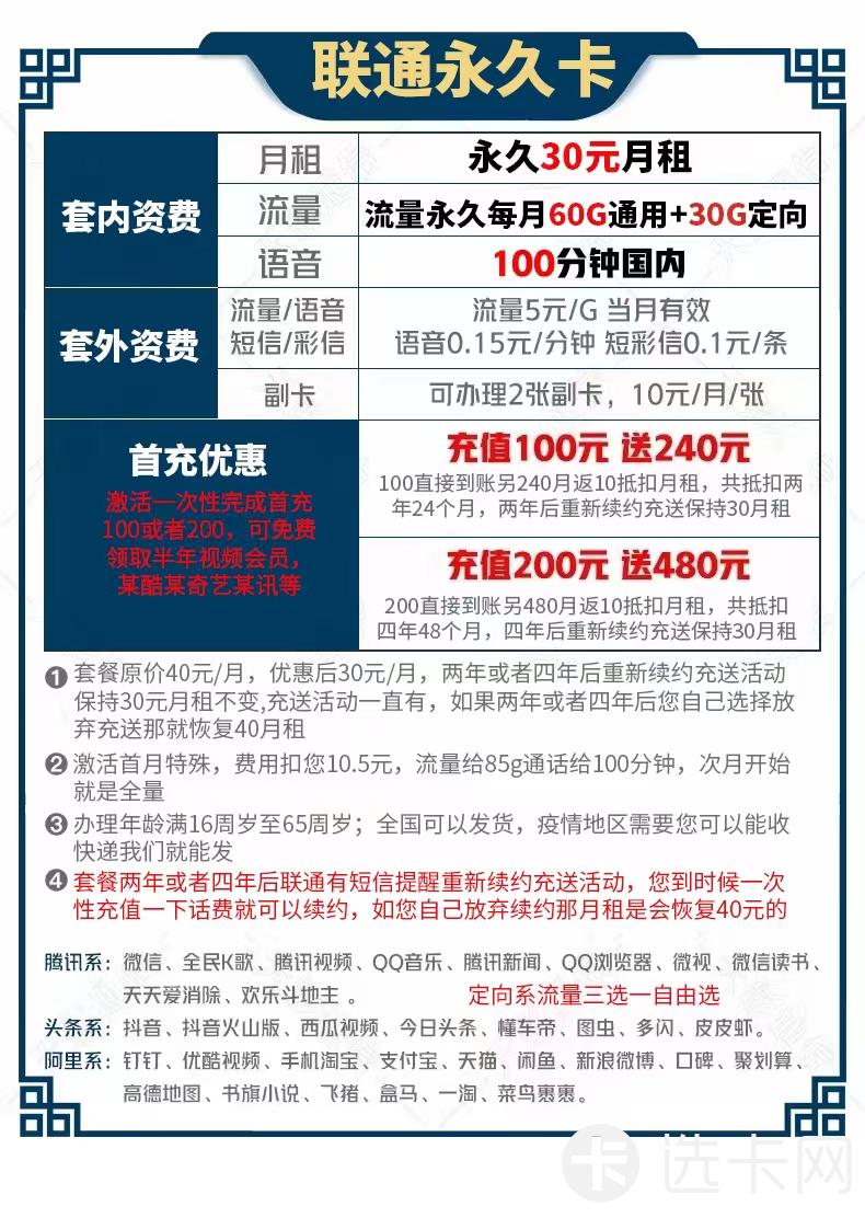 联通永久卡30元包60G通用流量+30G定向流量+100分钟
