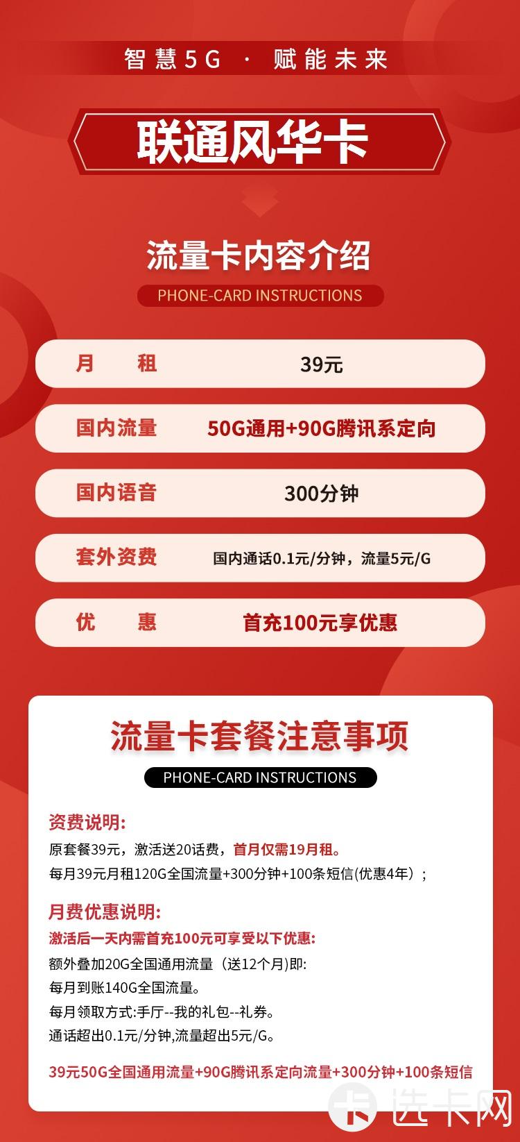 联通风华卡39元包50G通用流量+90G定向流量+300分钟
