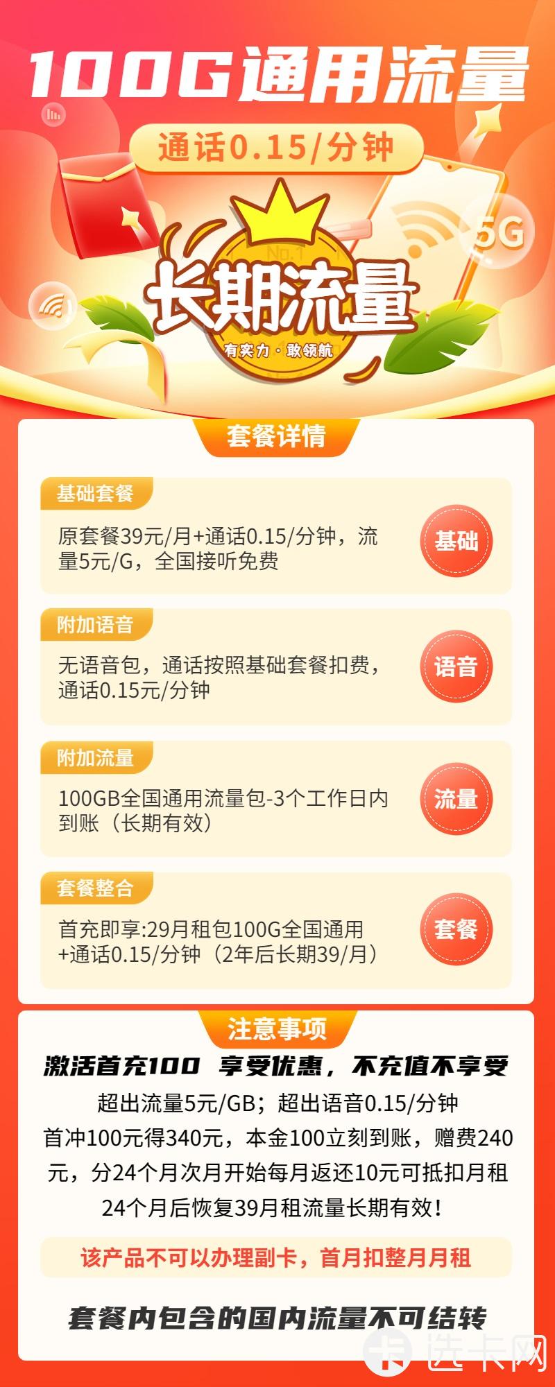 联通招财卡29元月包100G通用流量+通话0.15元/分钟