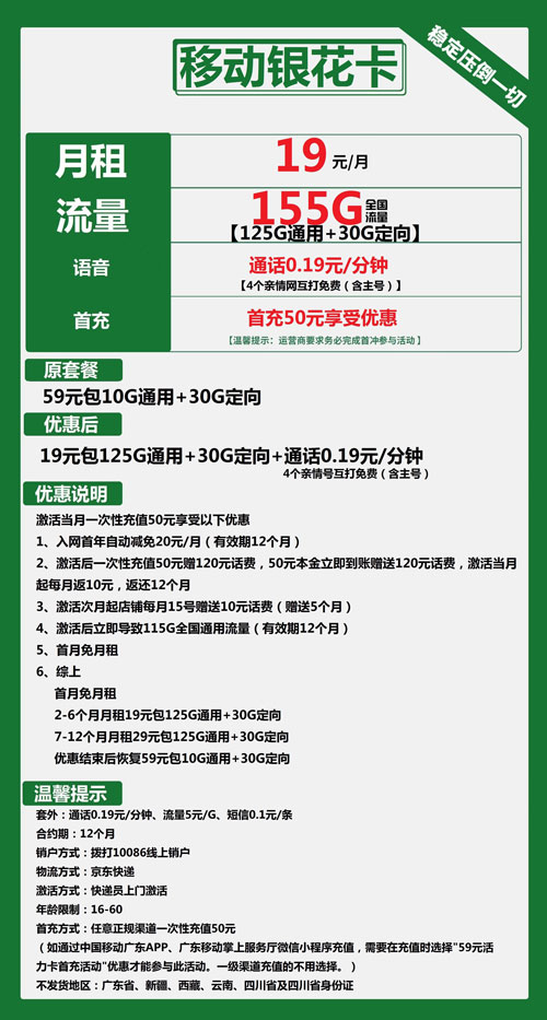 移动银花卡19元月包125G通用流量+30G定向流量+通话0